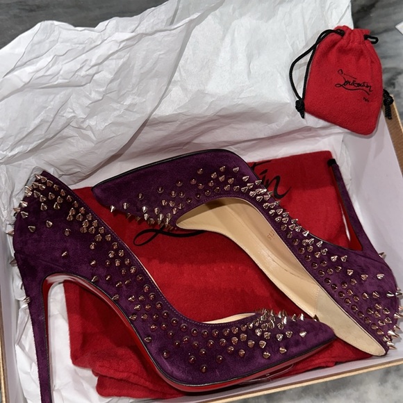 Christian Louboutin Shoes - CHRISTIAN LOUBOUTIN Suede Velour Studded Spike Pumps 36 6 100 High Heels Merlot